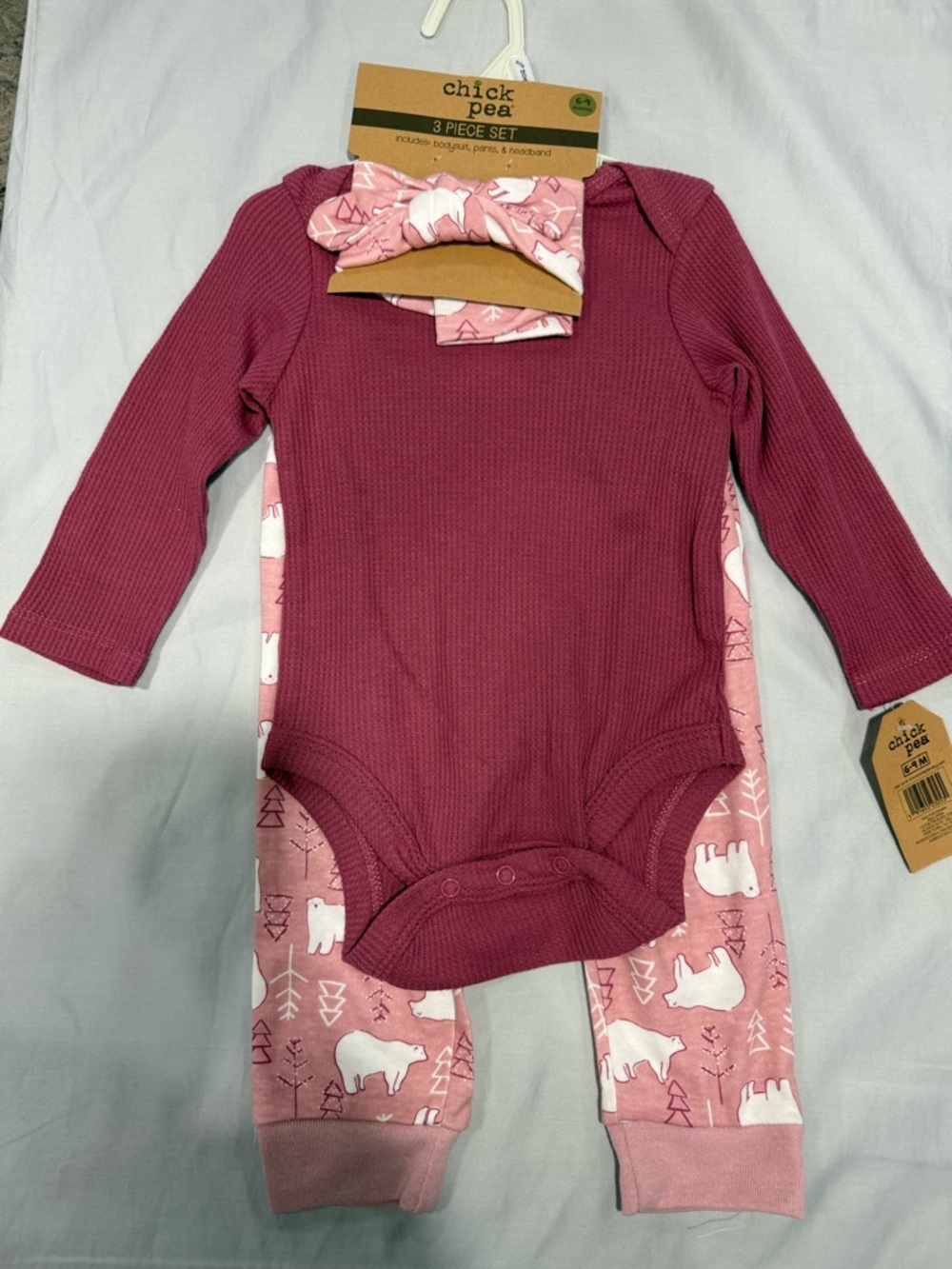 chick pea Mauve Long-Sleeve Bodysuit with Pink Bear Print Pants & Headband